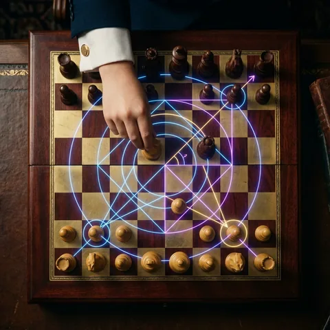 Шахматна дъска с геометрични светлинни линии, символизиращи математически модели