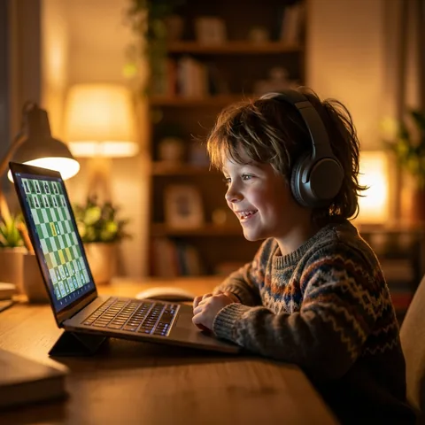 Дете пред лаптоп с шахматна дъска, модерно осветление